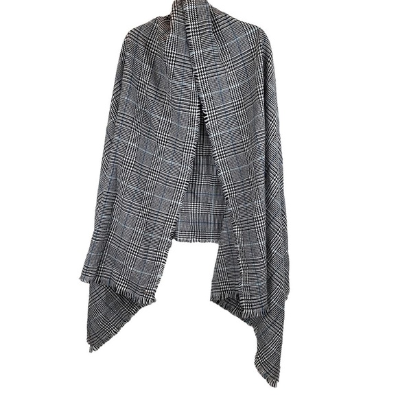 Esprit Houndstooth Blanket Scarf Shawl Wrap Black White Fringe Blue Contrast - Picture 1 of 5